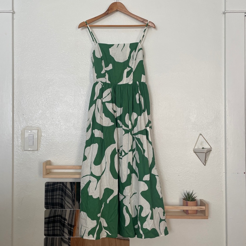 H&M Green White Abstract Leaf Print Linen Blend Midi Dress Smocked Back Small